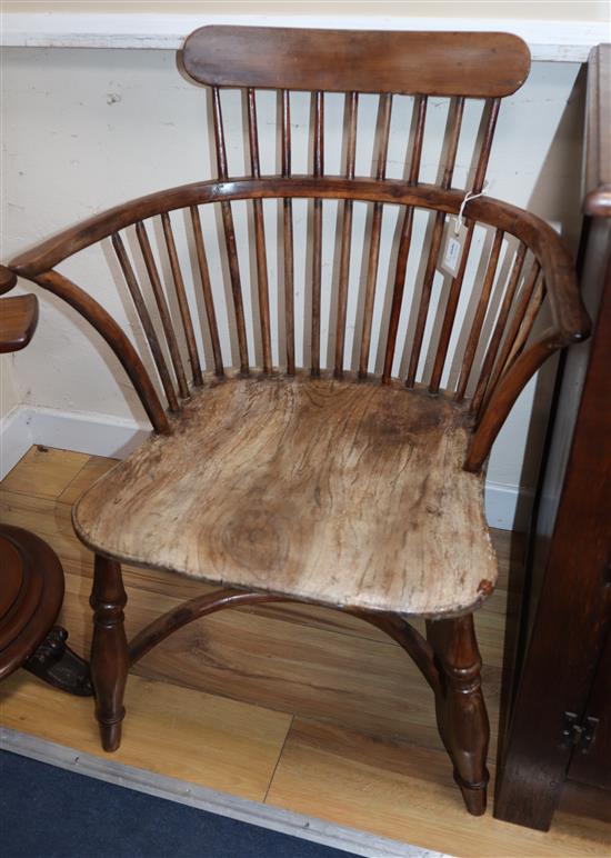 A pair of 19th century yew, ash and elm low stick-back armchairs with cow horn stretchers W.59cm